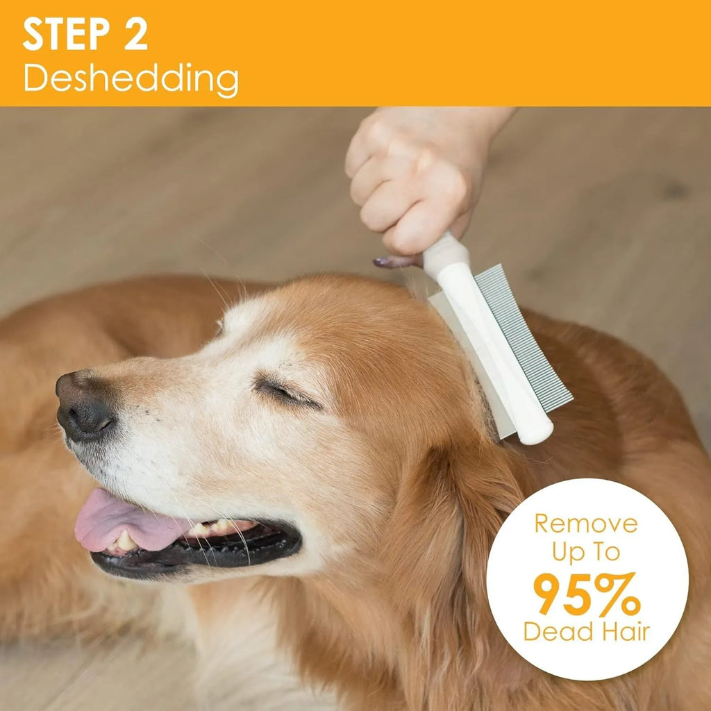 White double-sided pet grooming brush with comb and deshedding blade, featuring an ergonomic handle.