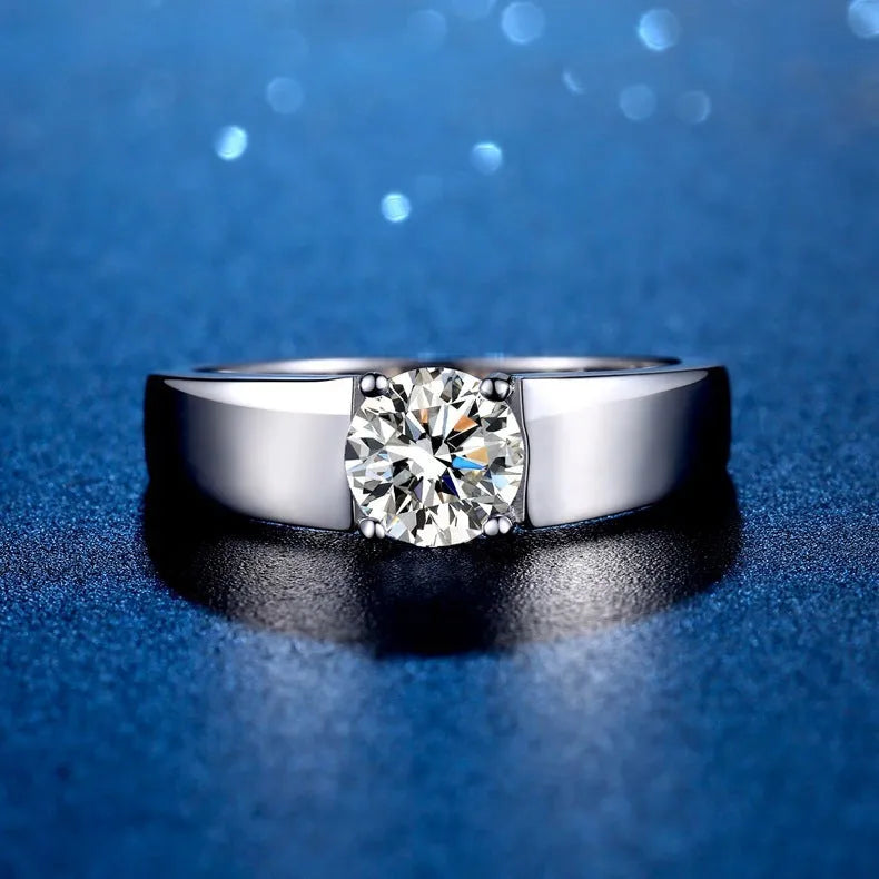 Sterling silver men's ring with U-shaped band, adjustable opening or fixed size, and moissanite or high carbon stone in 50 points or 1 karat.