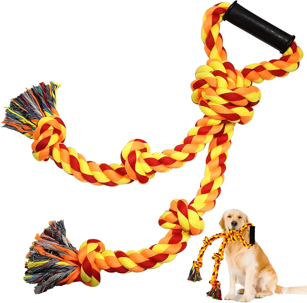 Blue and yellow heavy-duty cotton rope tug toy for large dogs with an ergonomic handle.