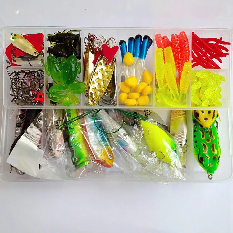 142-piece fishing lure kit with hard mino designs, metal and plastic components in assorted colours