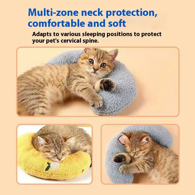 Blue U-shaped cat pillow showing neck support design for pet bedding