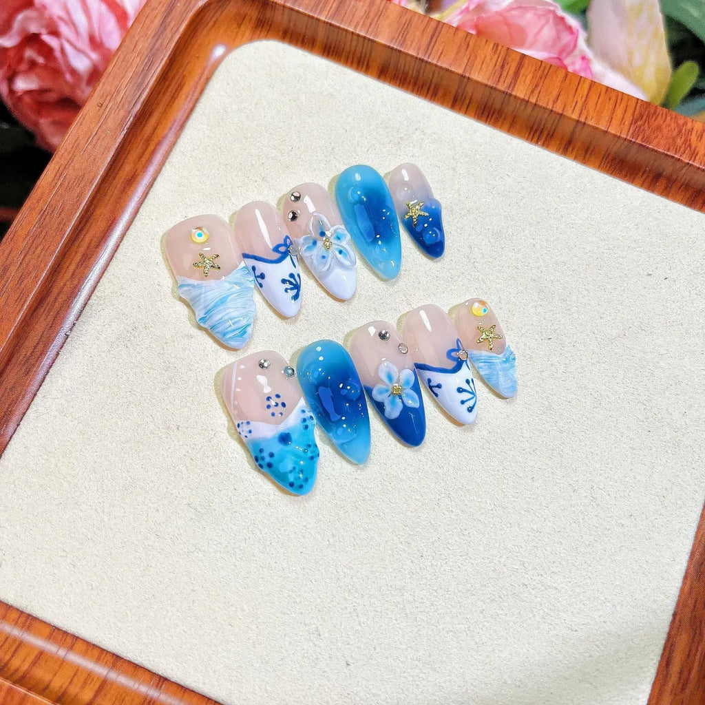 Blue hand-painted carved summer ice transparent plastic fake nails with armour set