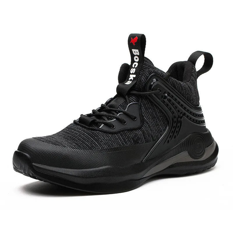 Black high-top safety shoes with steel toe, lace-up closure, and breathable mesh upper