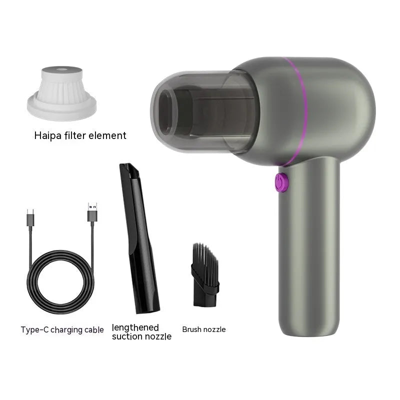 Grey handheld portable car cleaner with brush nozzle and extension tube for vehicle interior cleaning