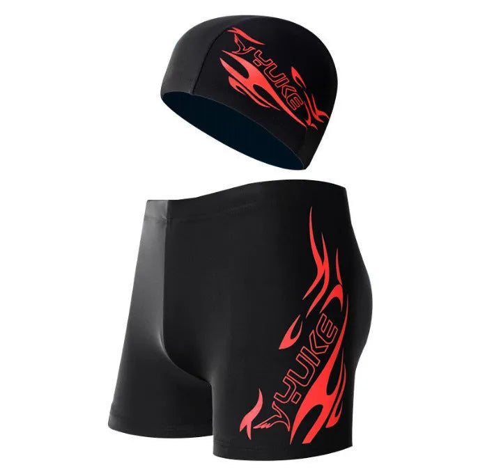 Men's plus size boxer swimming trunks with blue fire pattern design on black background