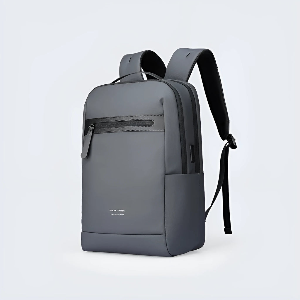 Graphite grey USB business backpack with Oxford cloth exterior and visible sewing thread construction