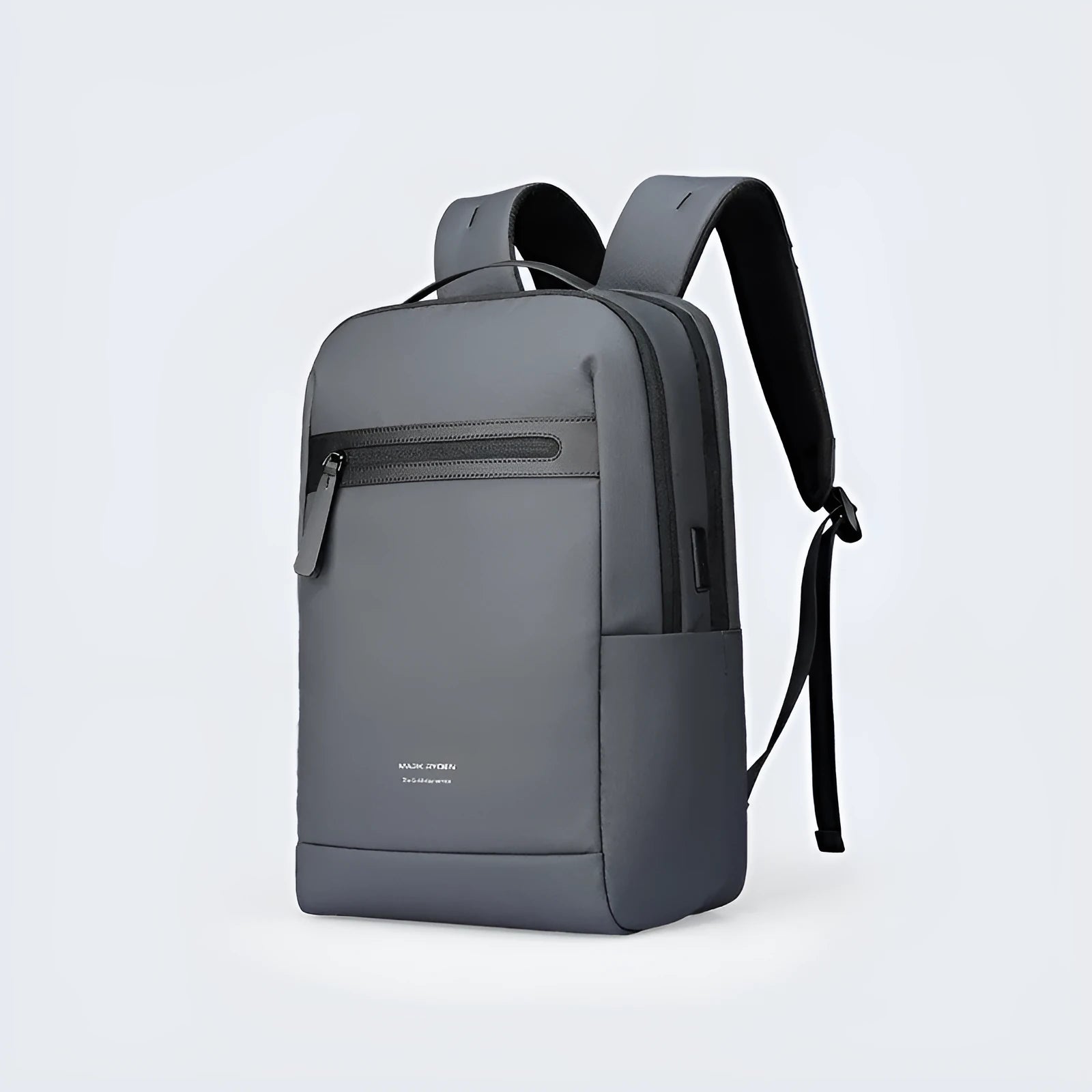 Graphite grey USB business backpack with Oxford cloth exterior and visible sewing thread construction
