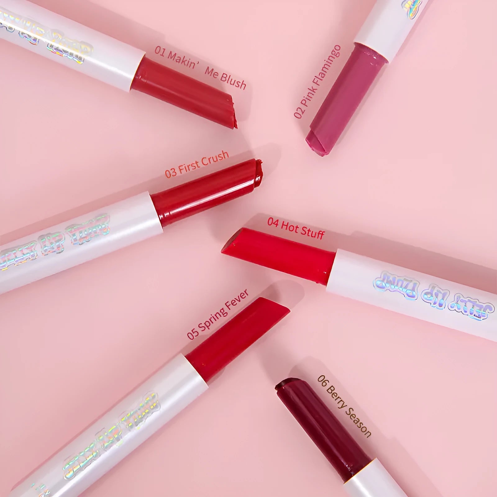 Six shades of water-pressed solid lip lacquer including Makin'Me Blush and Pink Flamingo