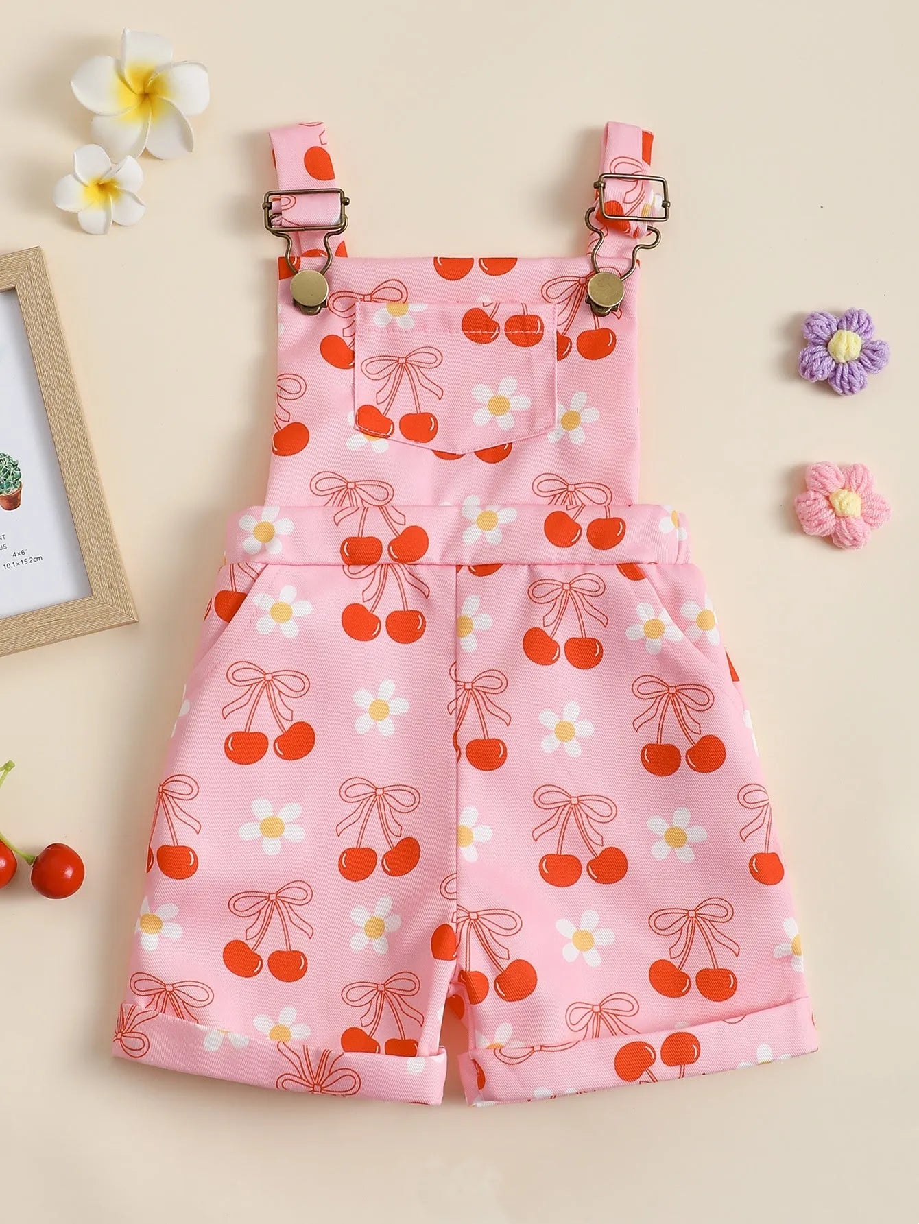 Baby flower cherry print cotton suspender pants in bright pink for toddlers fifth length
