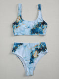 Women's marble tie-dye high waist bikini set with U-neck top and separated swimwear design
