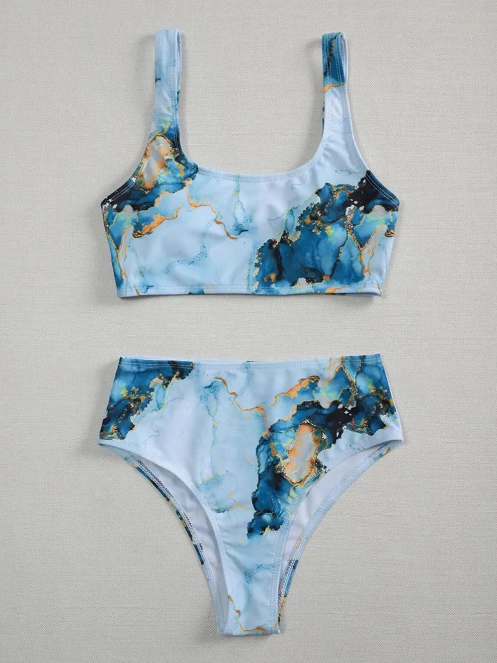 Women's marble tie-dye high waist bikini set with U-neck top and separated swimwear design