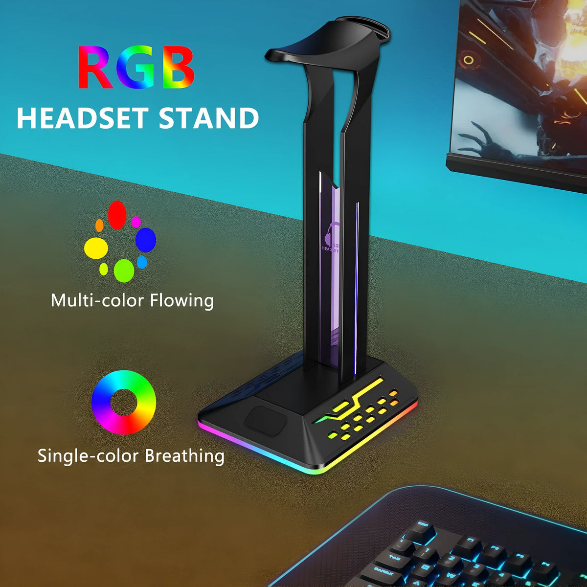 RGB headphone display stand with dual USB ports and acrylic panel in black colour variant