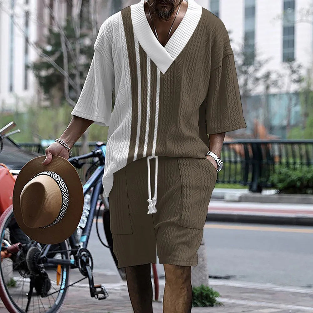 Men's printed knitted short-sleeve shorts suit with drop-shoulder design in chemical fibre blend fabric
