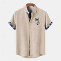 Linen short sleeve shirt with embroidered fish pattern on lapel in relaxed fit for teenagers