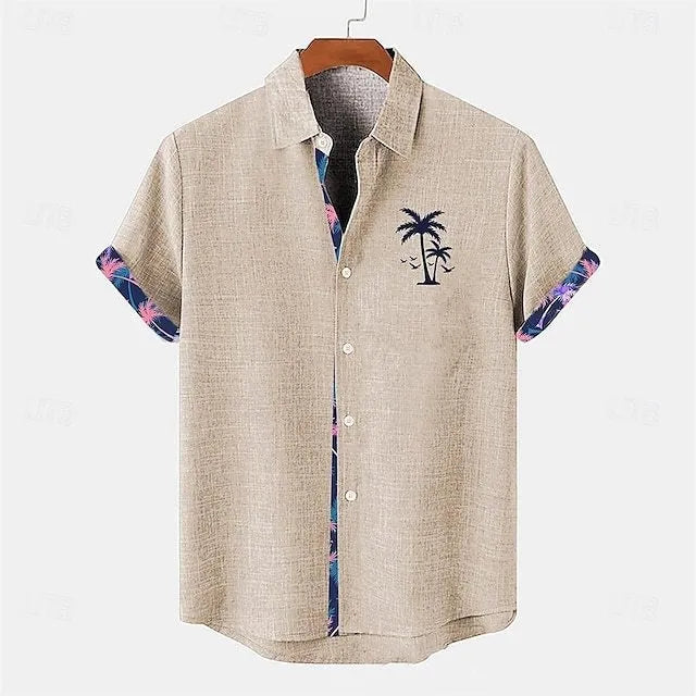 Linen short sleeve shirt with embroidered fish pattern on lapel in relaxed fit for teenagers