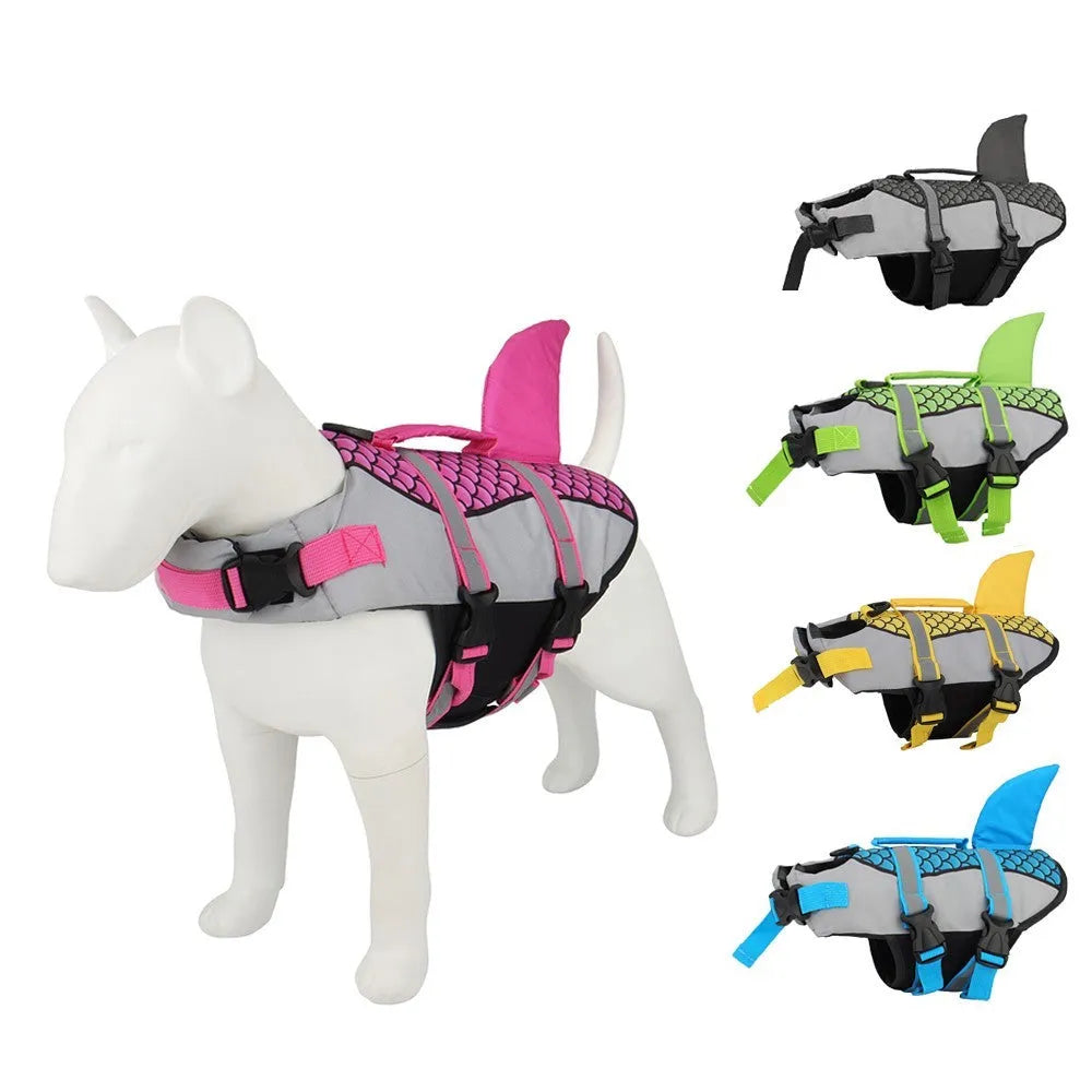Dog life jacket vest in blue with back lift handle and metal leash ring, ripstop Oxford cloth and EPE filling.