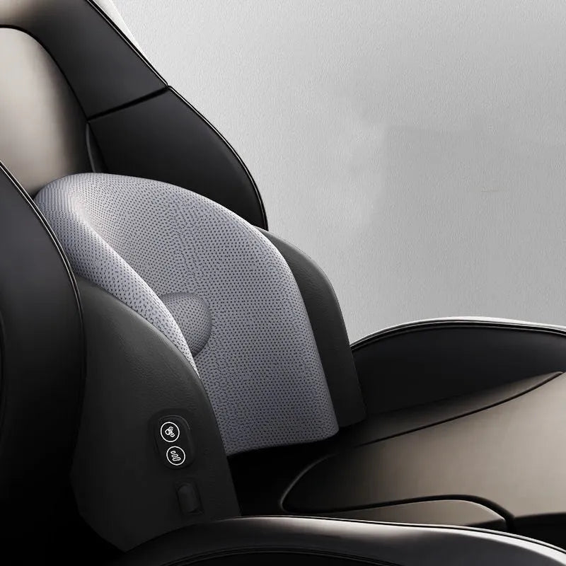 Memory cotton car massage cushion shown as convertible headrest and waist support in classic black colour