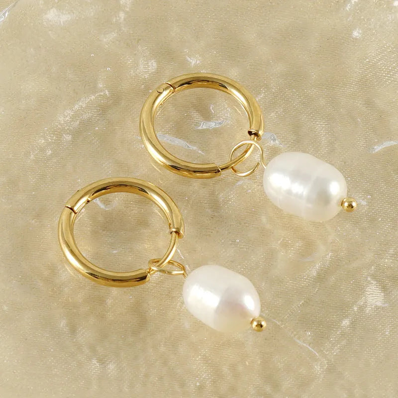 Gold geometric pearl earrings with stainless steel and titanium steel construction