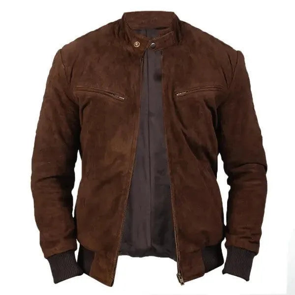 Vintage zipper suede jacket for mature men in brown, long sleeves, straight hem, size stick pockets
