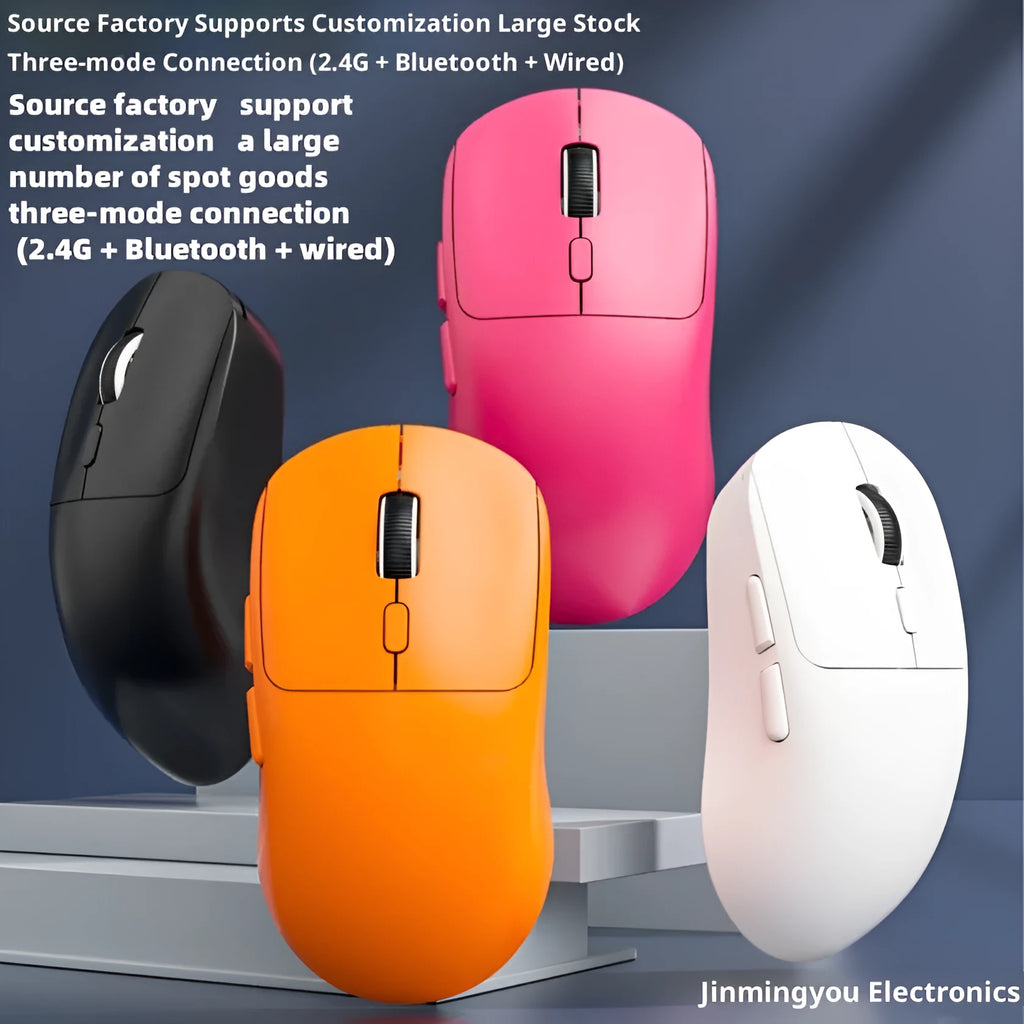 Rechargeable multi-mode mouse in gradient grey white, with wired, Bluetooth and 2.4G connectivity, 11.5cm compact size, USB interface.