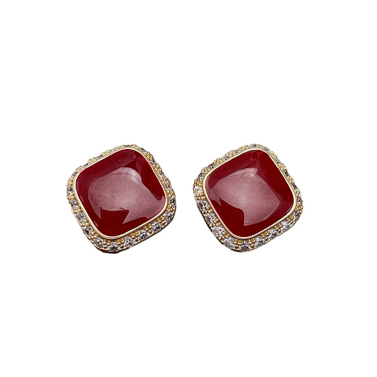 Women's retro red geometric square alloy earrings with inlaid design details