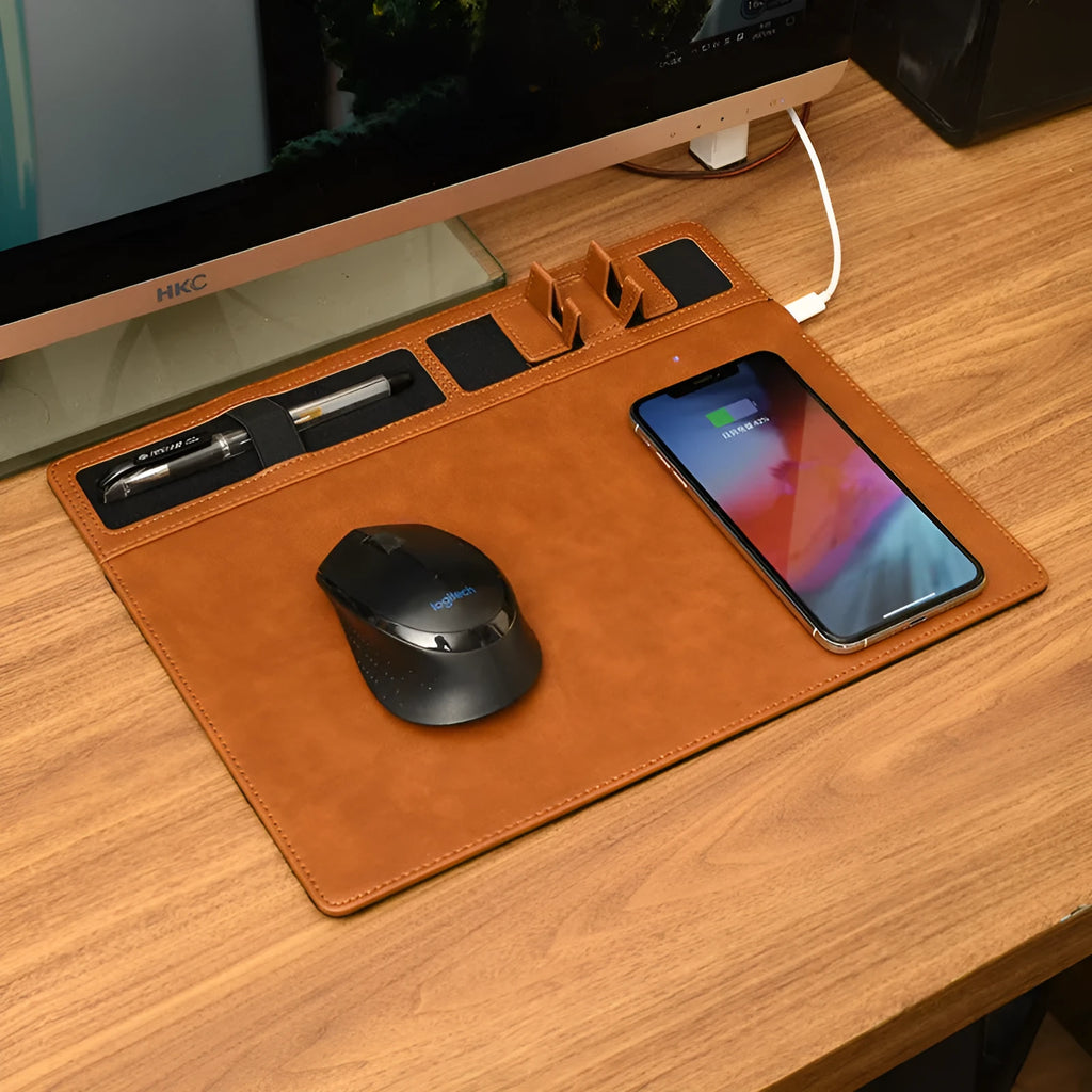 PU leather wireless charging mouse pad with phone holder in black colour