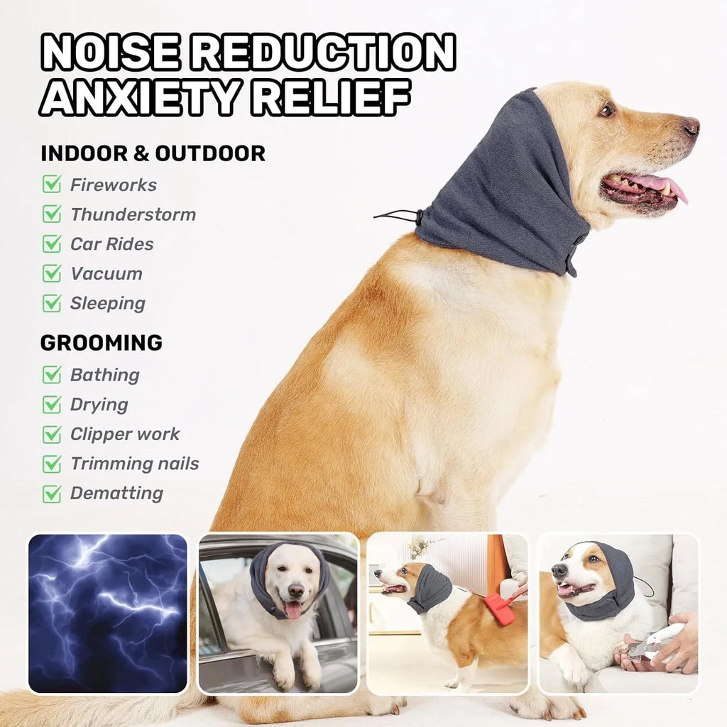 Dog calming hoodie ear wraps adjustable noise protection gray purple sizes L M S