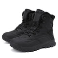 Men's black fleece-lined high-top lace-up boots on a ribbed TPR sole, showing tall crown design.