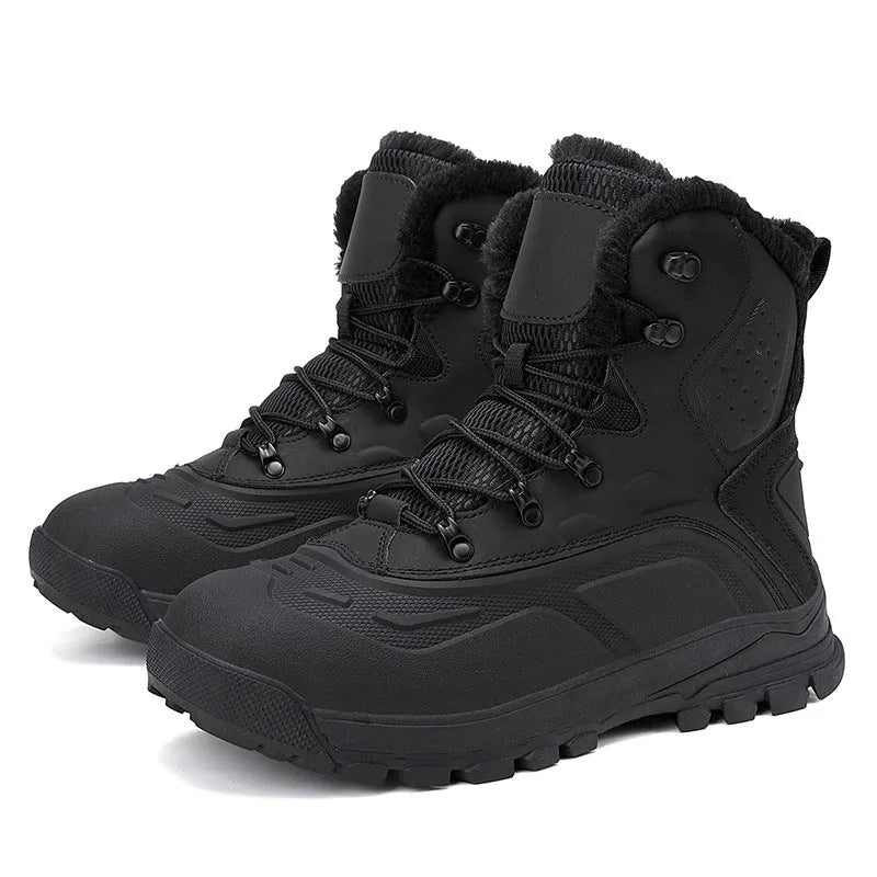 Men's black fleece-lined high-top lace-up boots on a ribbed TPR sole, showing tall crown design.