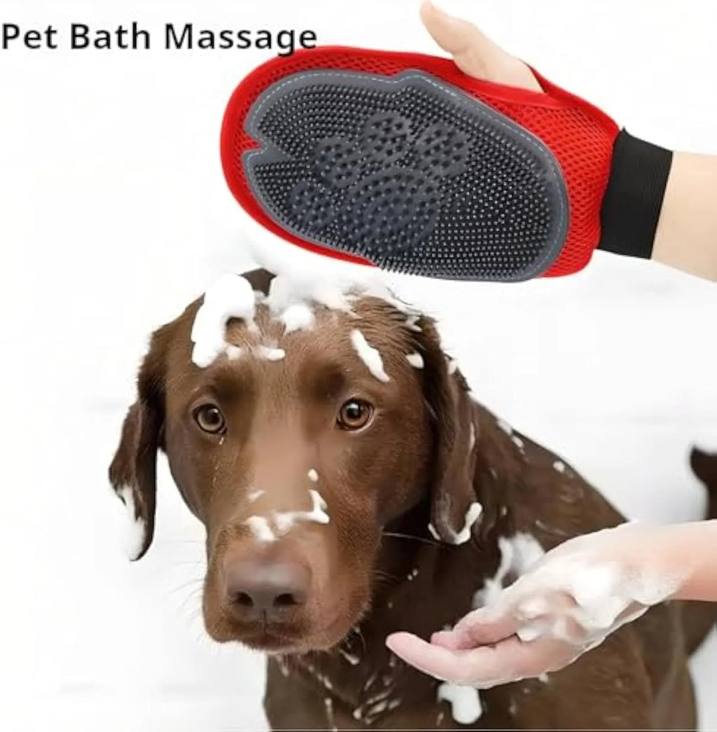 Red pet bathing glove with integrated cleaning brush bristles for dog and cat grooming