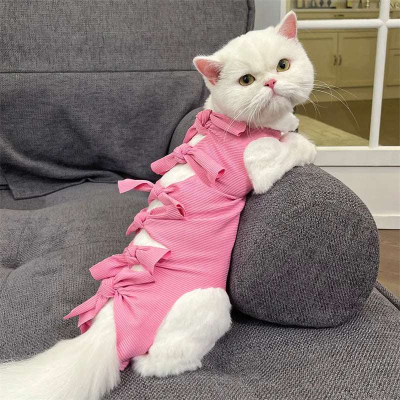 Adjustable polyester cat recovery suit for post-operation wear in blue colour with lace-up closure
