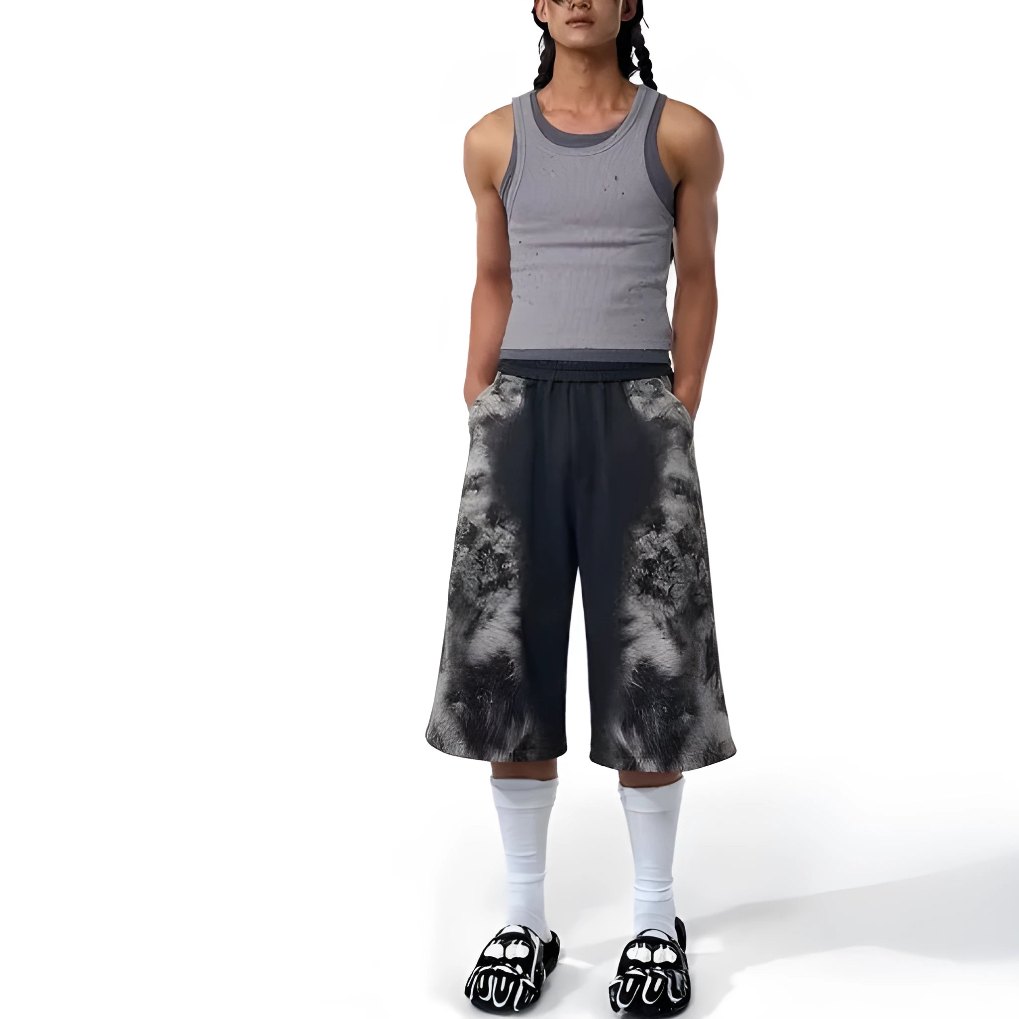 Printed loose street trousers set with hoodie and seven-inch pants in polyester fabric