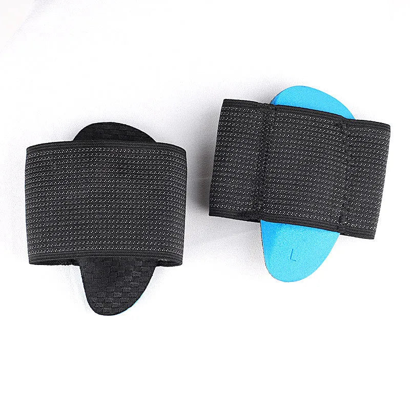 Blue elastic bandage arch support foot pads for adults and children on a white background.