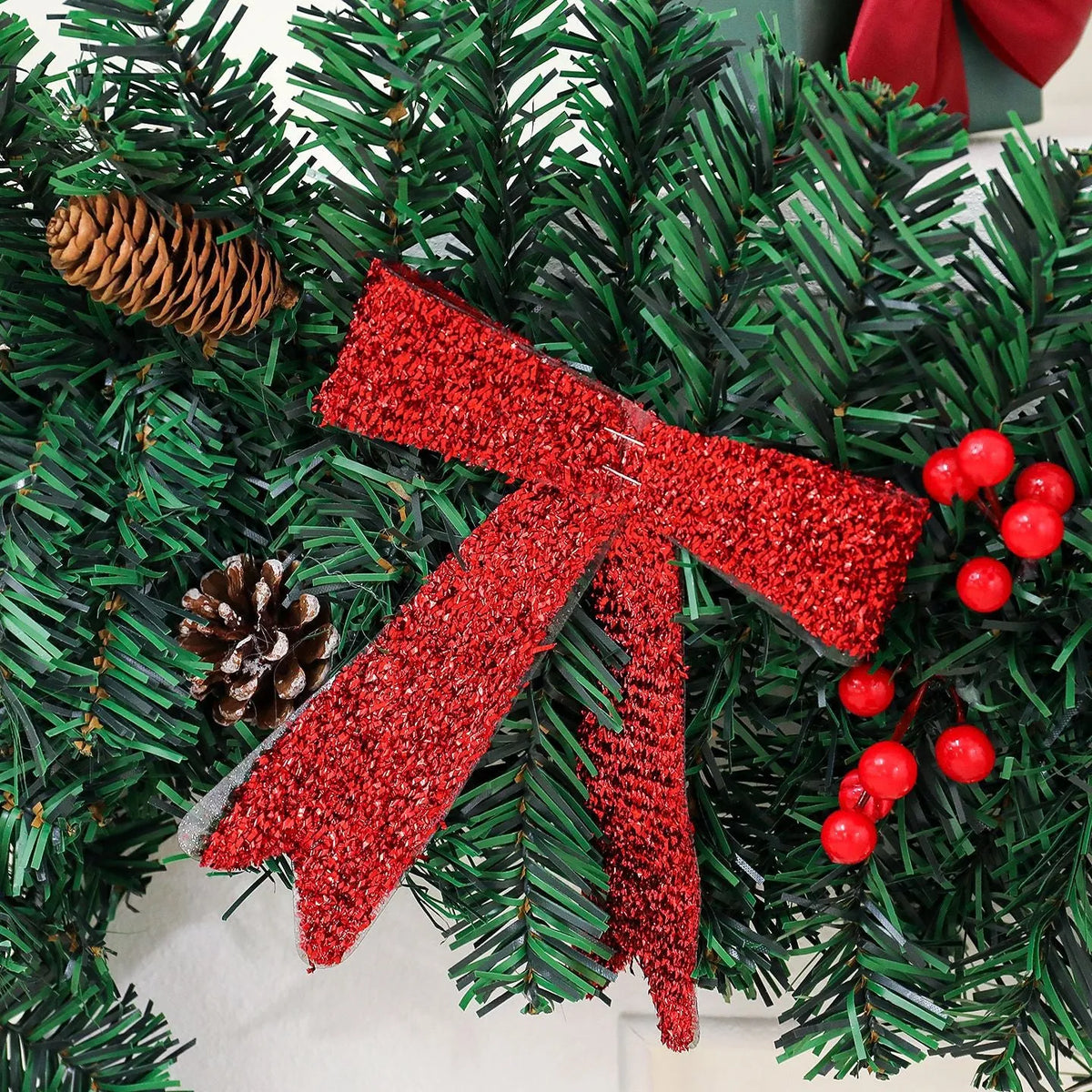 Christmas rattan pine cone bow decorative showcase with European style design and optional lighting