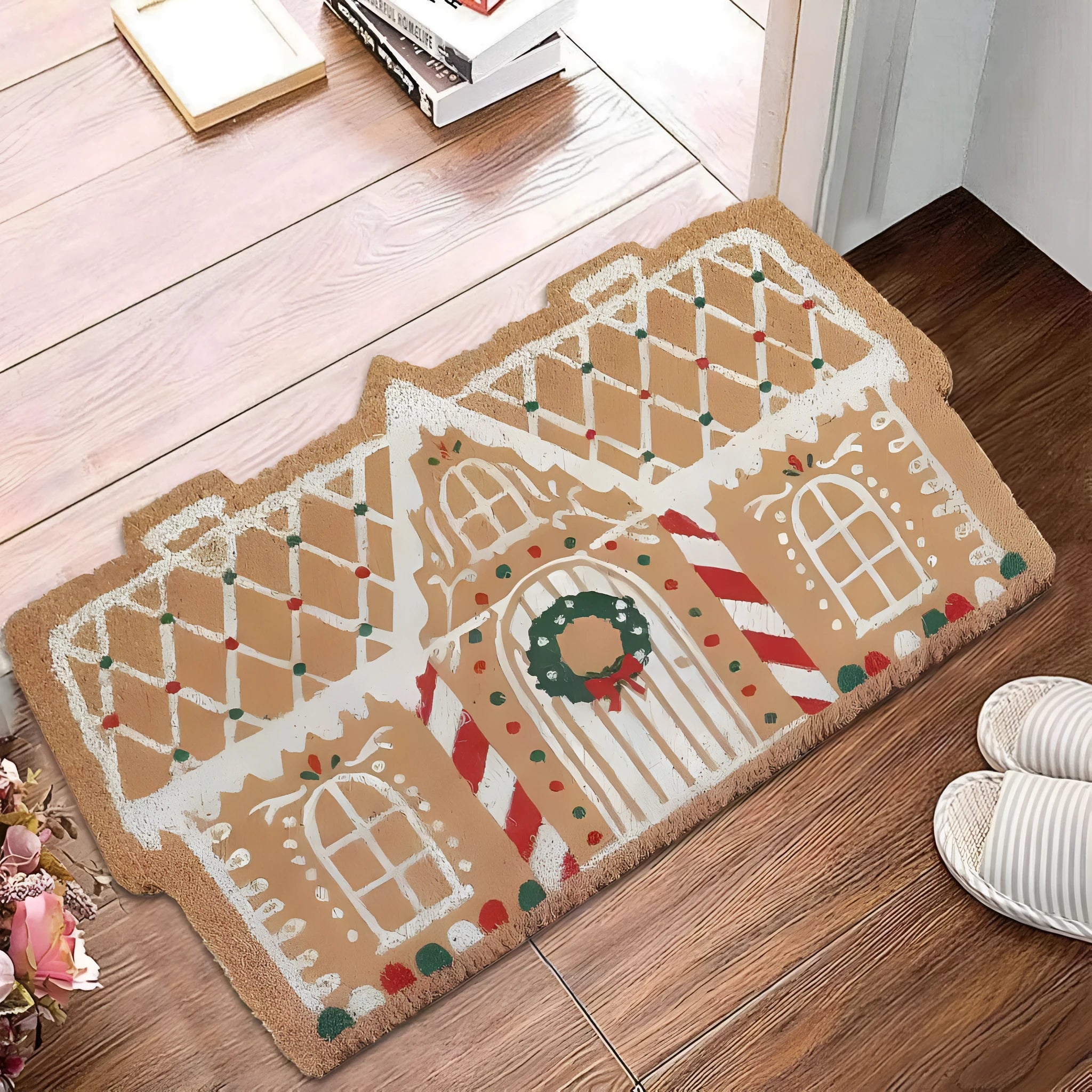 Christmas-themed hallway mat with festive patterns including Santa Claus design and non-slip bottom