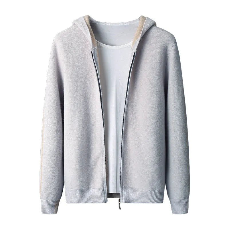 Men's dark blue cashmere cardigan with half-high collar and front zipper in loose fit