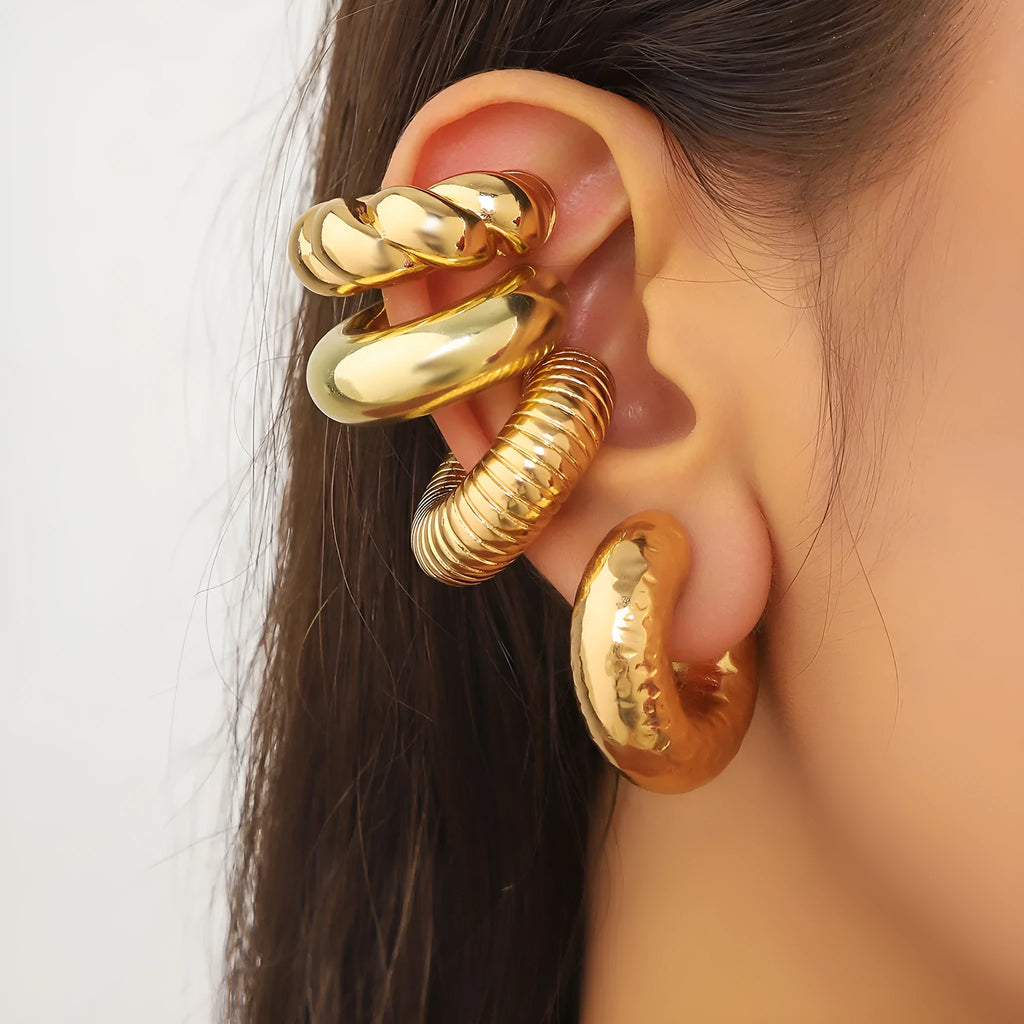 Gold and silver geometric clip-on earrings set for women without pierced ears