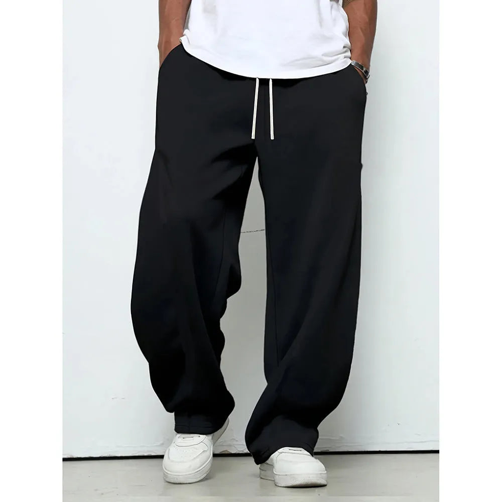 Men's straight-leg casual trousers in black with micro-elastic waistband and drawstring closure