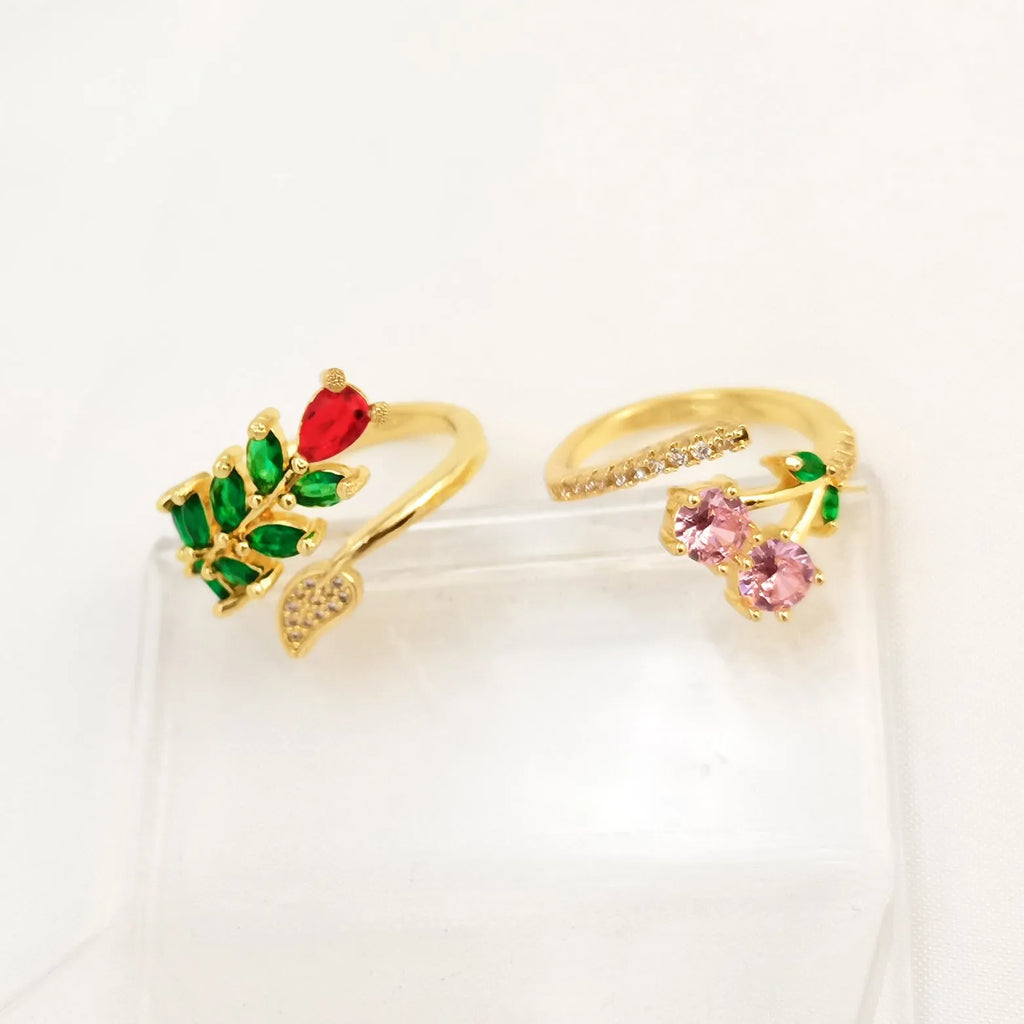 Geometric leaf open ring for women in copper gold with micro inlaid zircon details