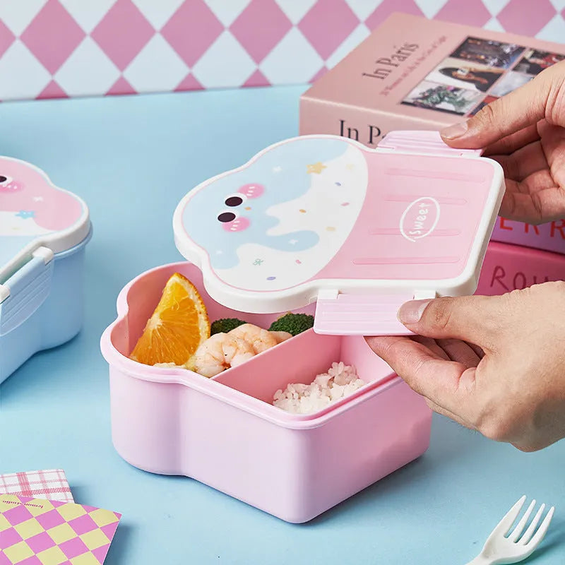 Pink and blue ice cream shaped plastic lunch box with compartment design, spoon and fork set