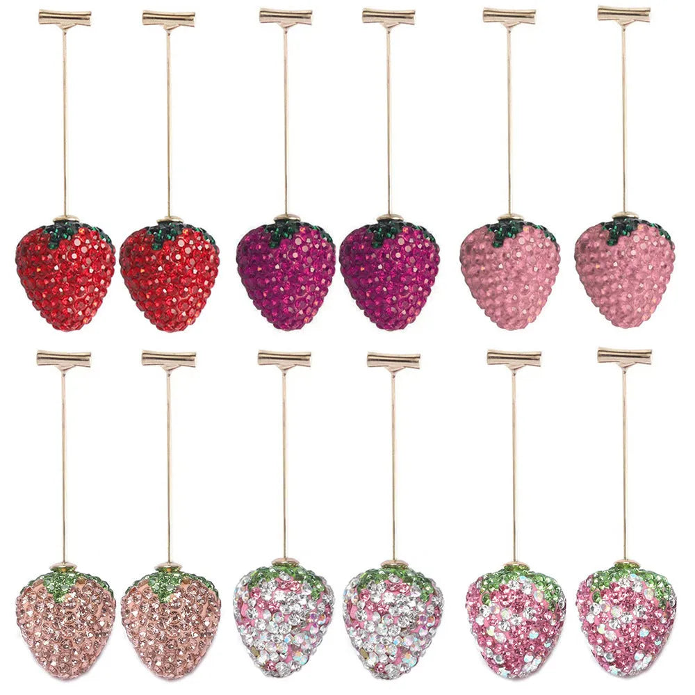 Red strawberry-shaped geometric earrings with spot drill crystals on zinc alloy
