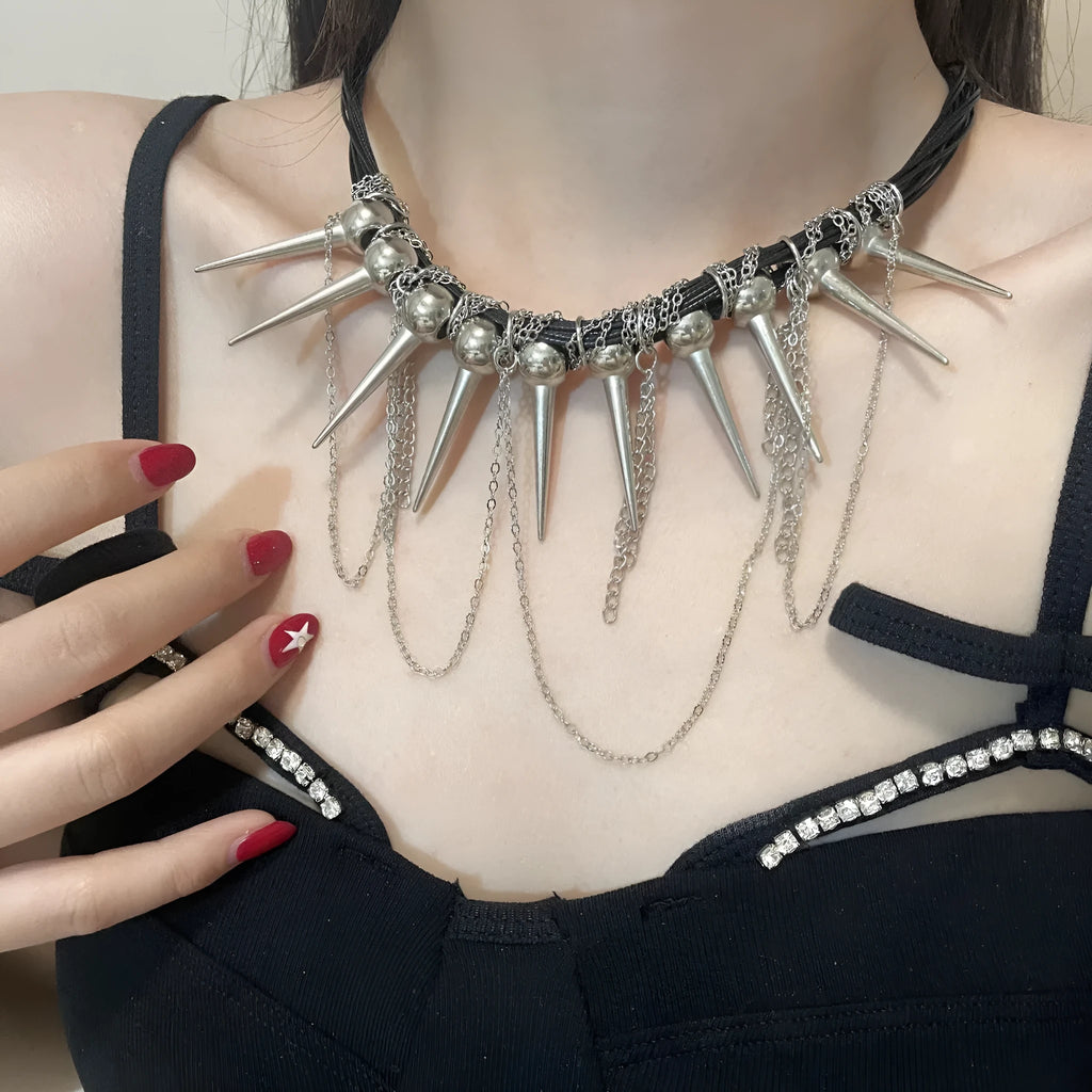 Round beads winding tassel necklace with leather fringe and metal rivet embellishments in picture colour.