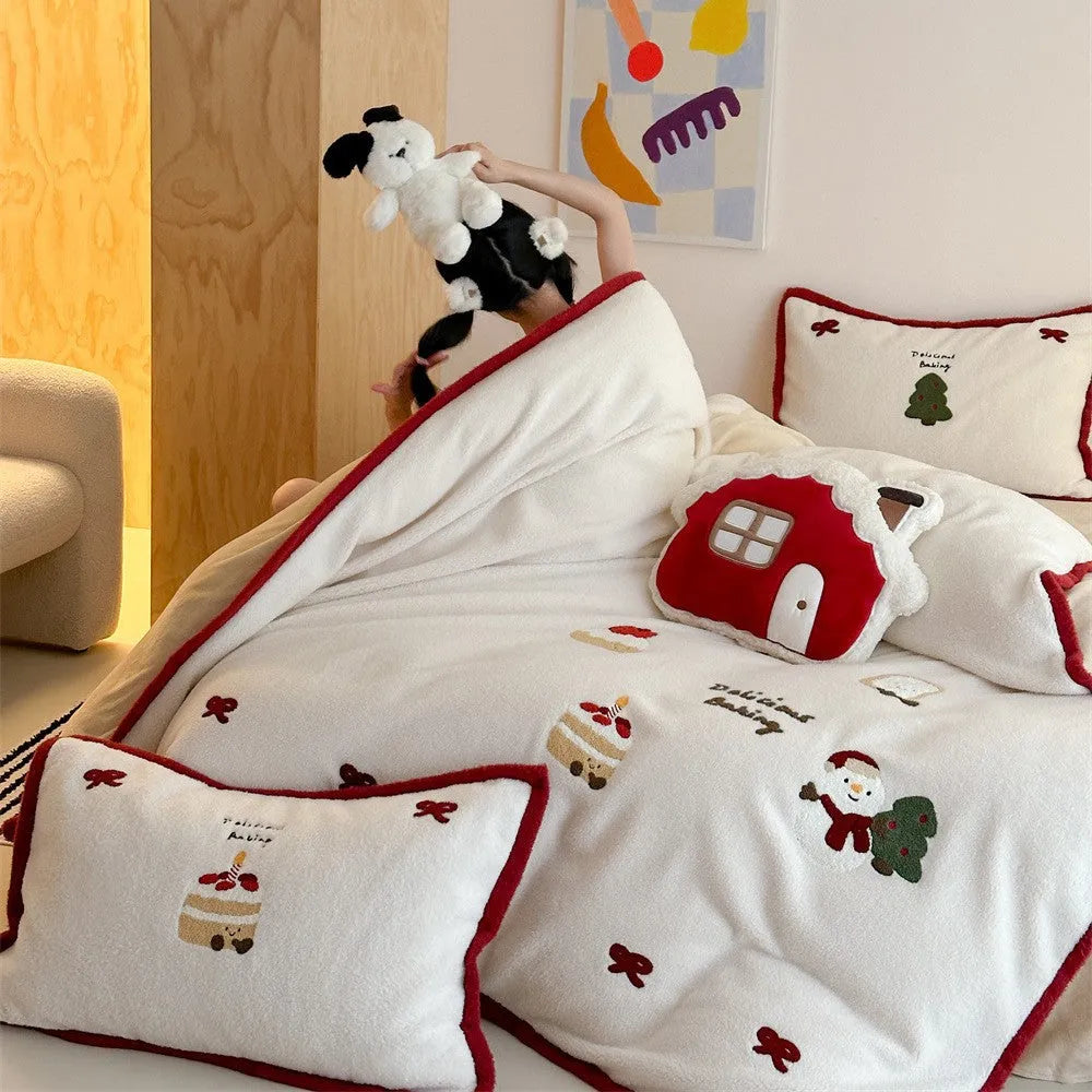 Cartoon pattern girls bedding four-piece set with duvet cover, sheet, and pillowcases in a snowy milk pastry design.