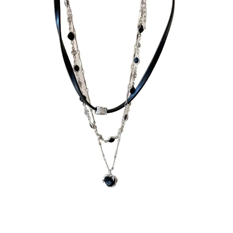 Women's multi-layer leather heart necklace with alloy pendant and artificial crystal on adjustable clavicle chain