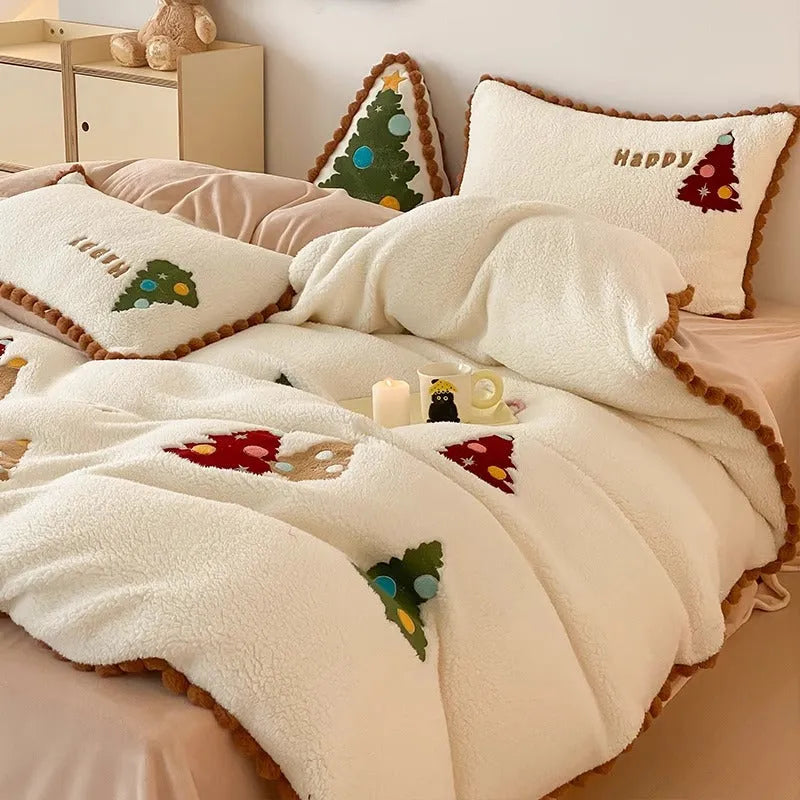 Bright yellow Christmas tree bedding set with fleece-lined construction and cartoon animation pattern