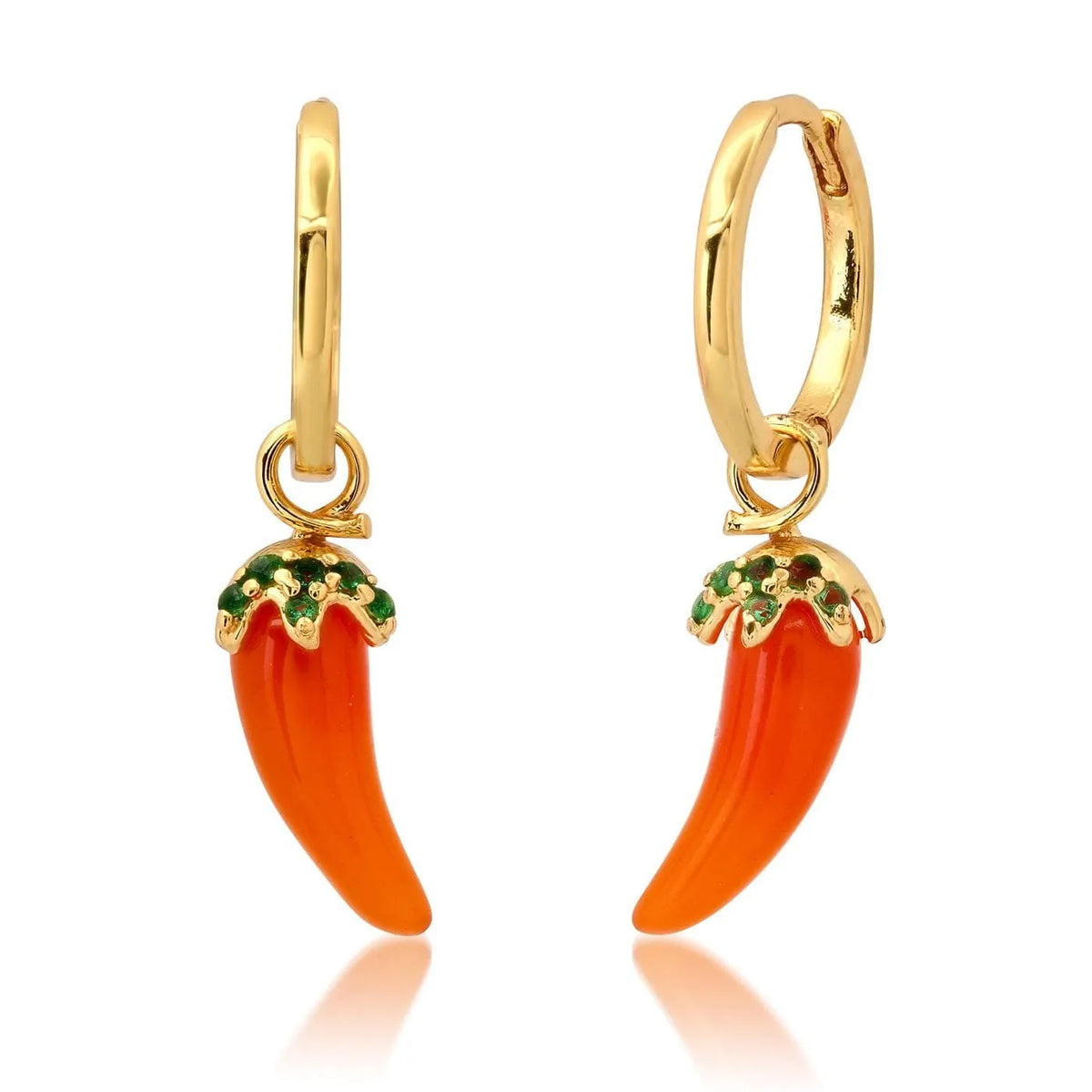 Gold plated fruit and vegetable design earrings on copper with carrot, orange, blueberry charms