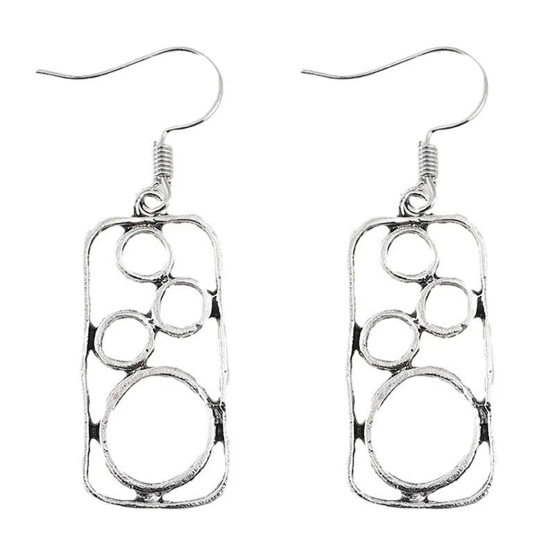 Geometric round earrings with irregular square design in antique silver zinc alloy