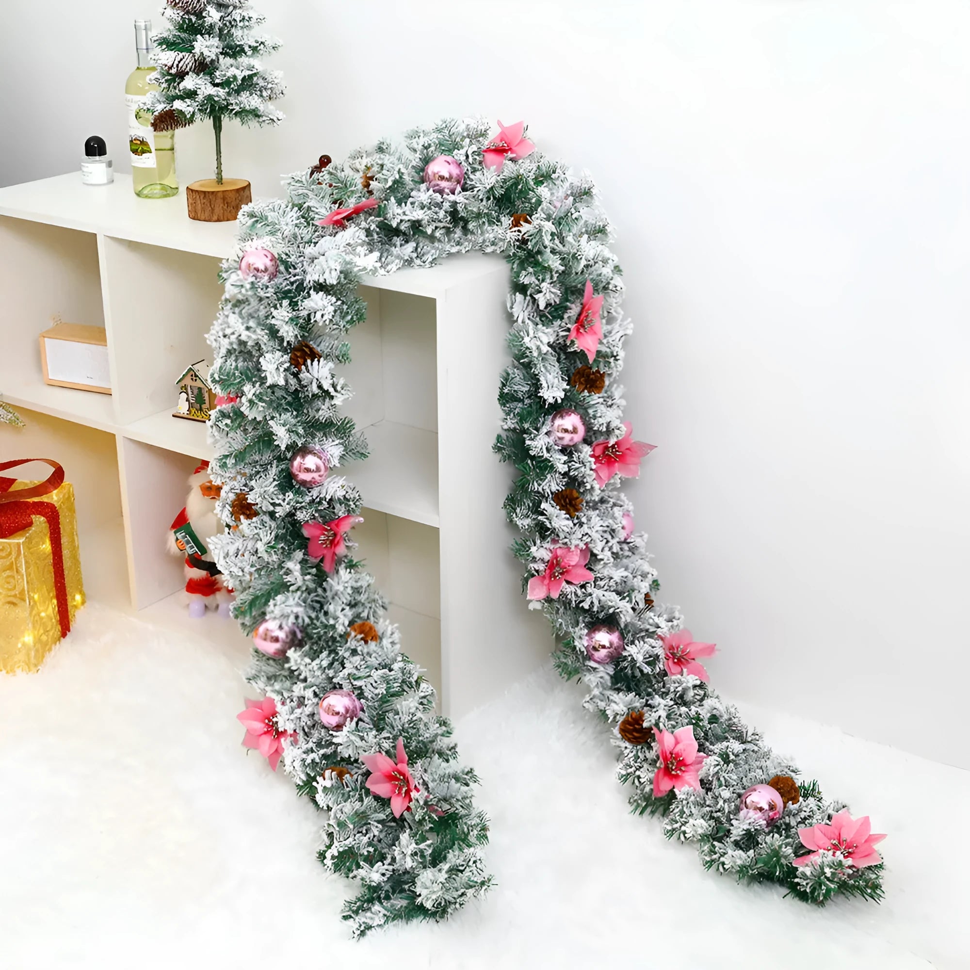 240cm long Christmas rattan garland with white flocking in a choice of five festive colours