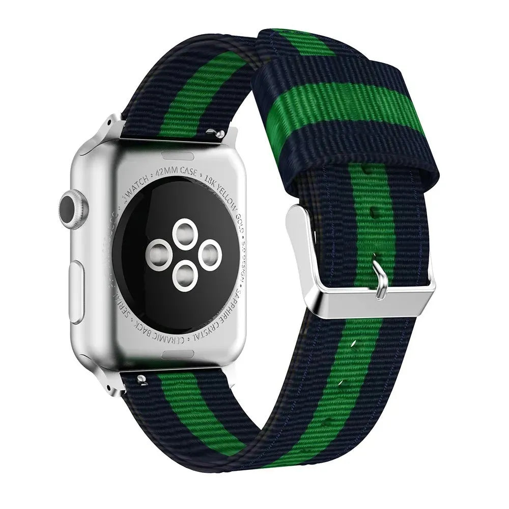 Split nylon canvas watchband for Apple Watch in rainbow colour, fits sizes 38-49mm
