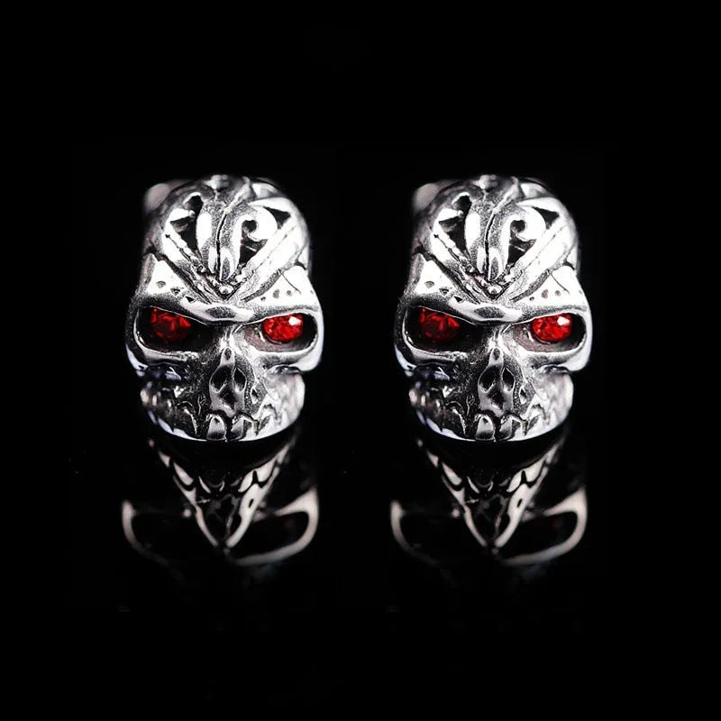 Retro skull stud earrings with red eye ghost head design on alloy metal